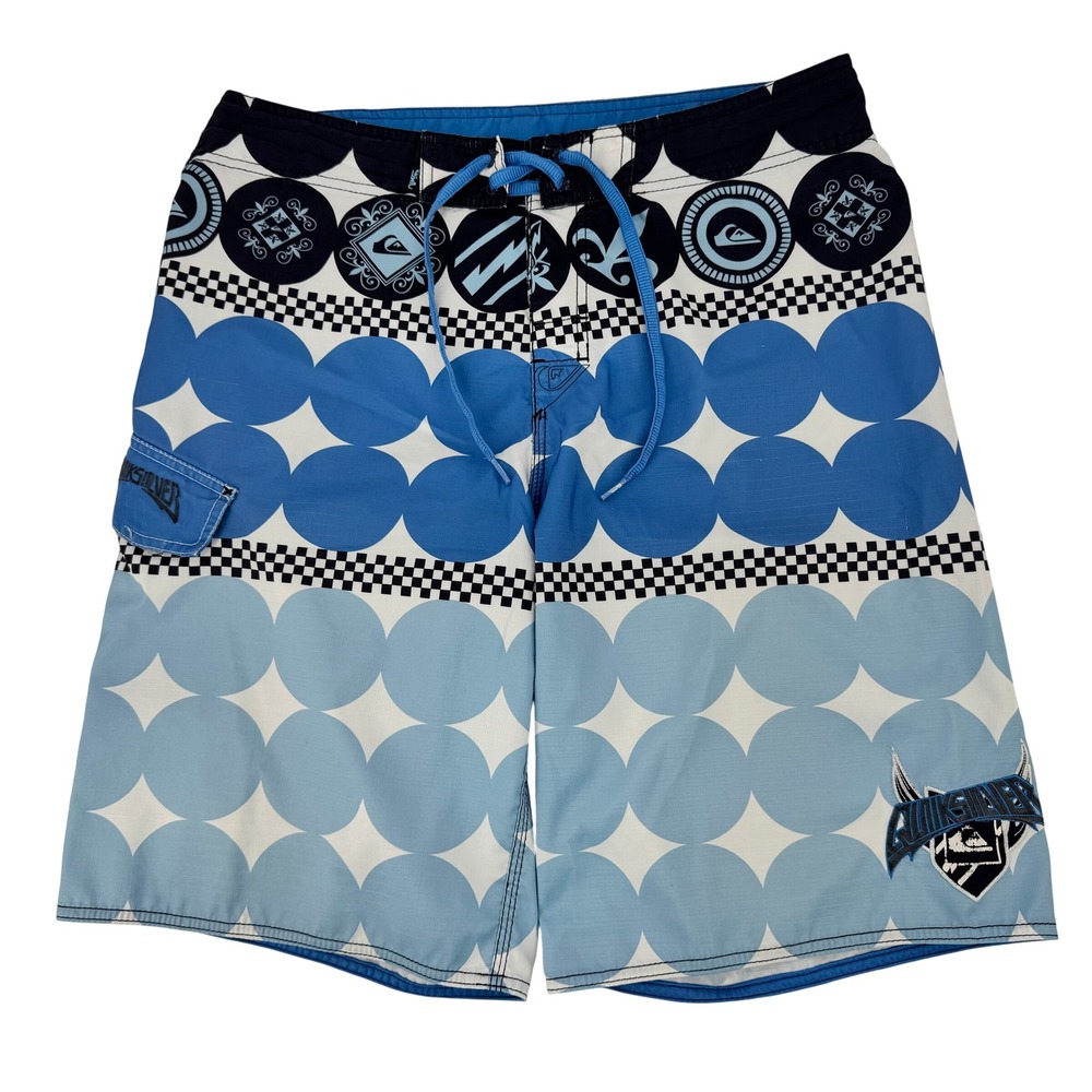 Quiksilver Board‎ Shorts Men 34 Blue Polka Dot Checkered Graphic Y2K Surf Swim